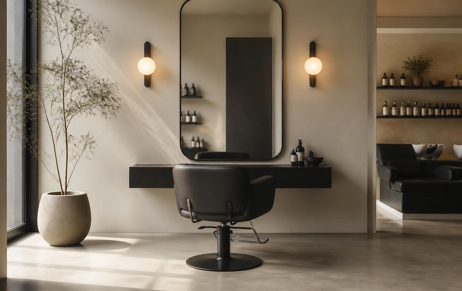 Minimalistischer Hair-Styling-Salon mit grossem Spiegel, schwarzem Stuhl und cremefarbenen Wänden