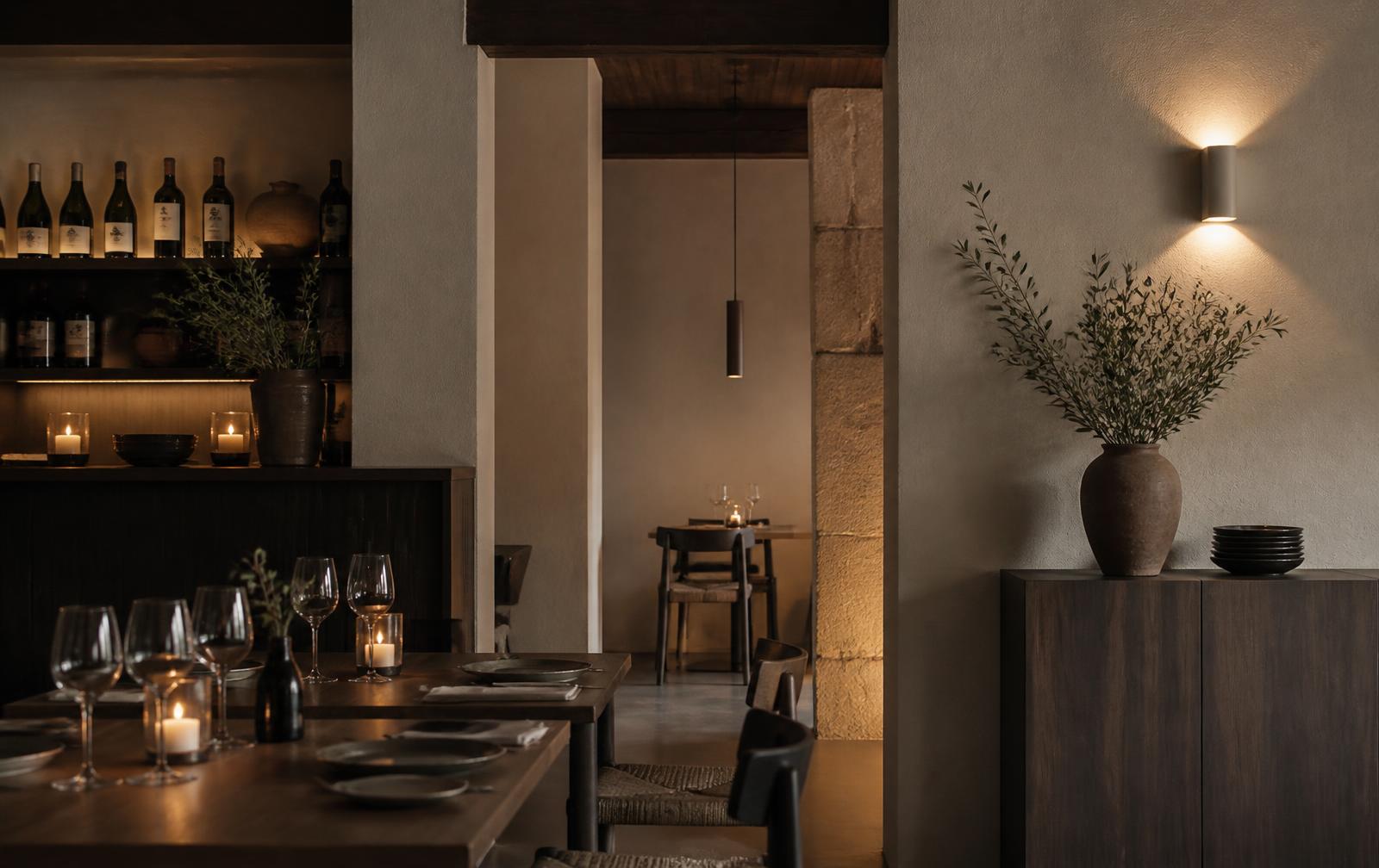 Warm beleuchteter Innenraum eines portugiesischen Restaurants mit gedeckten Tischen und Weinregal